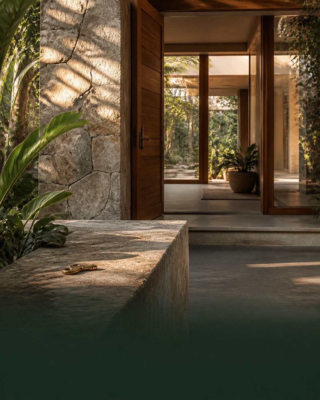 Entrada de una residencia contemporánea rodeada de naturaleza